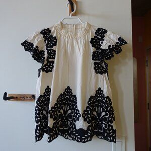 Cotton black white embroidered short flutter sleeve top blouse 2 0 XS
